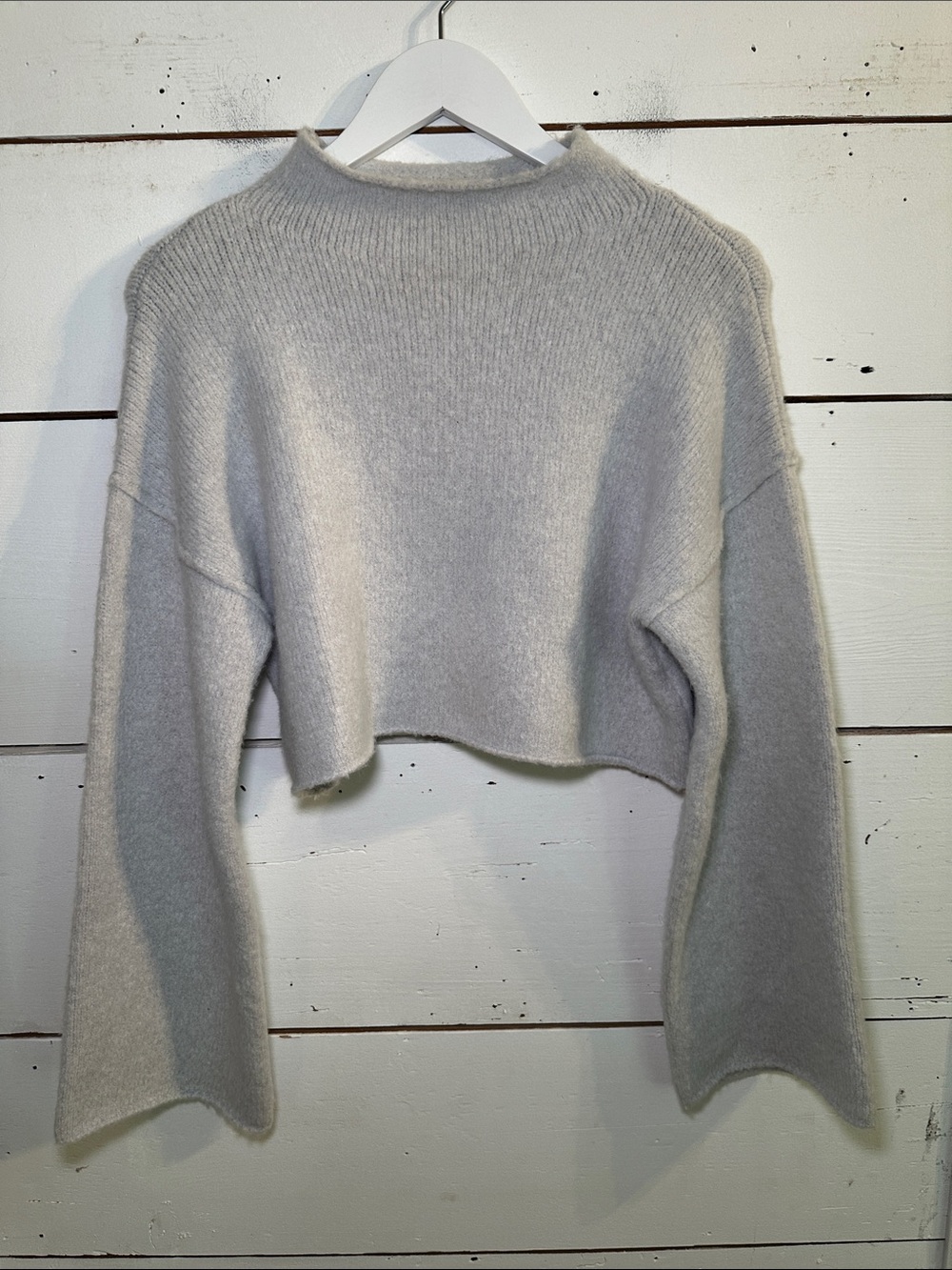 Free People Lost in A Forest Sweater Heather Light Gray Boho Crop Mock Neck XS